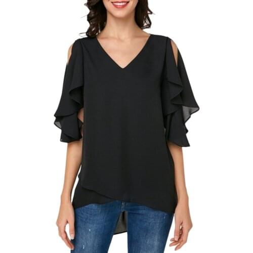 @40 Solid Summer Blouses 5xl Plus Size Womens Chiffon V-neck Fit Casual Off Shoulder Ruffle Sleeve Top Daily Elegant Wear