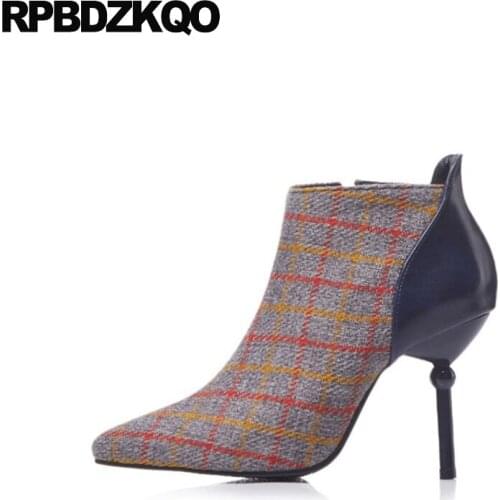 Winter High Heel Side Zip Boots Shoes Booties Big Size Ankle 13 45 2021 12 44 Ladies Women Plaid Plus Stiletto Pointed Toe Blue