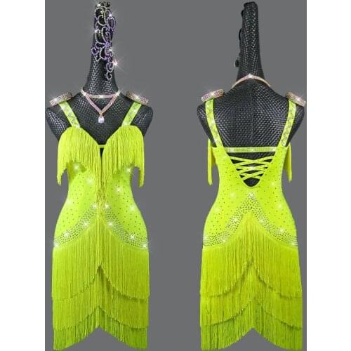 Latin dance performance competition costume sexy Fluorescent green dress ladies children dance clothes diamond custom made dress
