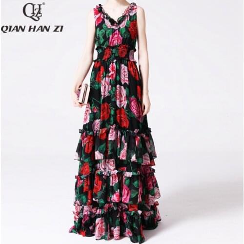 High quality fashion runway Maxi dress Womens Sleeveless V-neck Vintage Floral Print Elegant Cascading Ruffle Beach long Dress