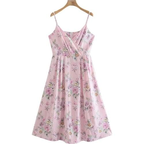 Baldauren 2021 Women Chic Fashion Floral Print Pleated Midi Dress Vintage Back Zipper Thin Straps Female Dresses Vestidos Mujer