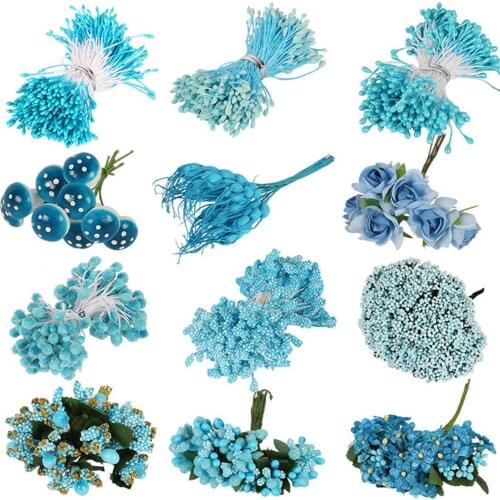 1 Bouquet Blue Flower Cherry Stamen Berries Bundle DIY Christmas Wedding Cake Gift Box Wreaths Decor