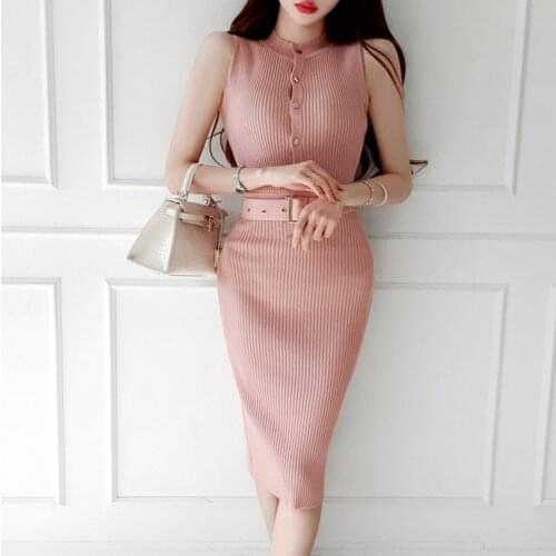 2020 New Summer Sexy O Neck knitting Sleeveless High Waist Elegant OL Office Dress Knee-length Party Pink Dress Robe De Female