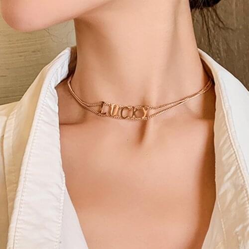 2021 luxury Metal Double Layer Chain Letter Choker Necklace for 90s Collier Good Lucky Clavicle Chain Collar Neck Jewelry Gift
