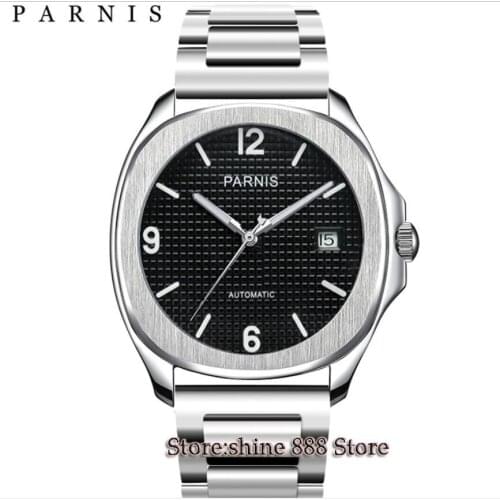 40mm PARNIS black dial Steel Strap Sapphire glass 21 jewels Miyota 821A automatic mens watch