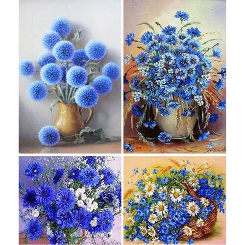 5D DIY Diamond Painting Blue Cornflower Cross Stitch Kit Full Drill Embroidery Mosaic Flower Art Picture of Rhinestones Decor