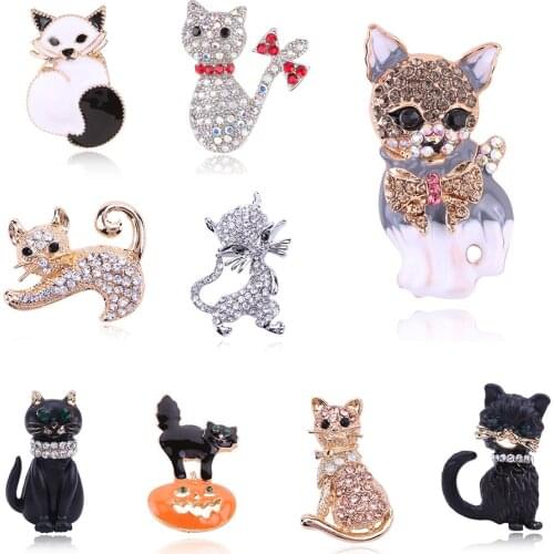 Lovely Pride Cat Brooch for Party Shell Metal Bow Green Crystal Enamel Pin Black Animal Brooch for Women Jewelry Accessories