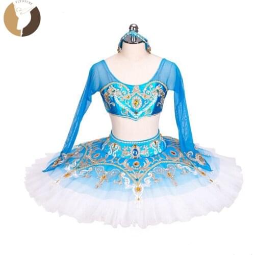FLTOTURE Professional Ballet Pancake Platter Tutus Two-Pieces Arab Style Ballet Competition Costumes Long Sleeve Tutu Skirts