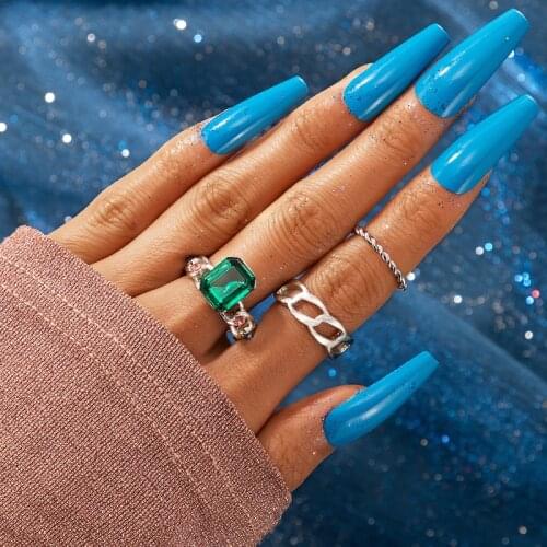 HuaTang 3pcs/set Minimalism Green Rhinestone Rings Sets for Women Boho Silver Color Hollow Geometric Knuckle Rings Jewelry Party