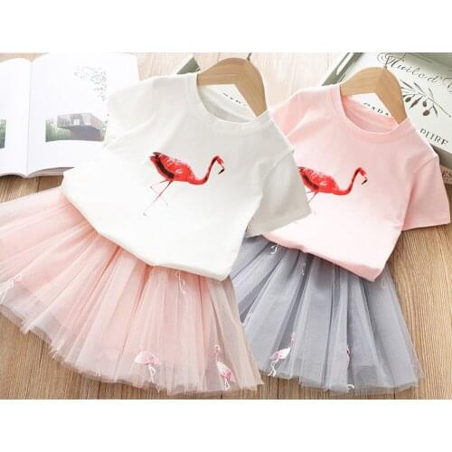 New Girls Clothing Sets Summer Cartoon Flamingo Cotton T-Shirt + Mesh Lace Skirt 2 Pcs Suit For Girls Children Kids Clothing