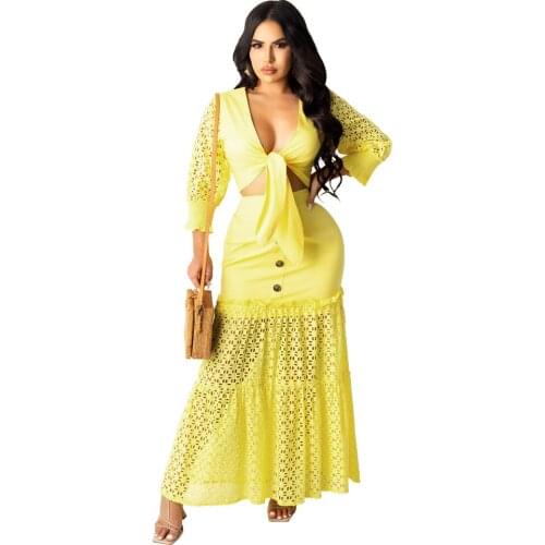 Lace Sexy Summer Tie Two Pieces Set Long Sleeves Crop Top Shorts Skirts Women Set Solid Office Lady Night Club 2 Piece Outfits