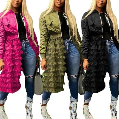 Fashion Women Autumn Long Sleeve Zipper Jacket Lacework Mesh Midi Dress Coat zipper dress coat winter jacket women