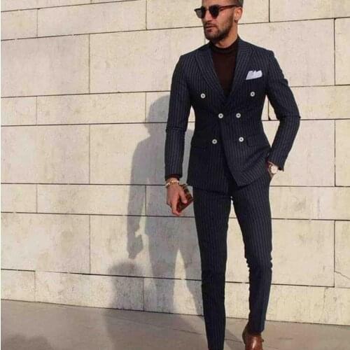 Dark Navy Pinstripe Men Suits Peaked Lapel Double Breasted Prom Suits Blazer Jacket Men Tuxedos Groom Wedding Suits Coat+Pant