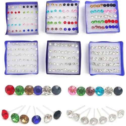 20pairs/set Crystal Stud Earrings Set colorful Plastic Earring for Women Silver Color Small Piercing Jewelry 2.5/3/4/5/6mm