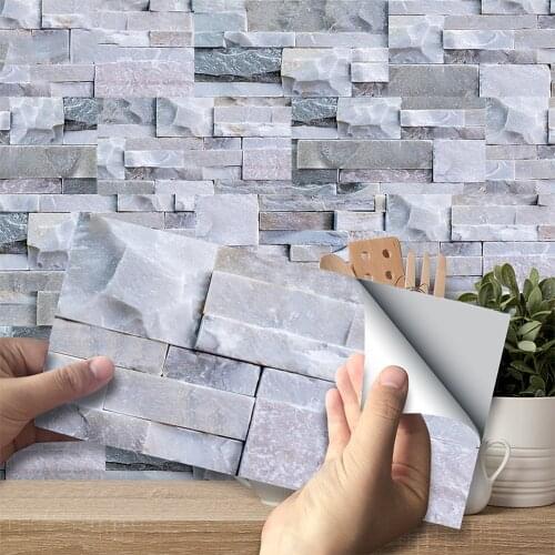 9Pcs Light Gray Imitation Marble 3D Effect PVC Wall Stickers Kitchen Bathroom Waterproof Self-adhesive Tiles Wall Decor 20x10cm