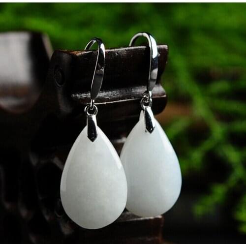 Excellent 100% A Grade Natural /Jadeite 925 Sterling Silver Water Drop Dangle Earrings