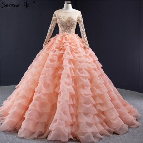 Orange Red Handmade Flowers Tiered Wedding Dresses 2020 O-Neck Long Sleeves Sexy Bridal Gowns Serene Hill HM67019