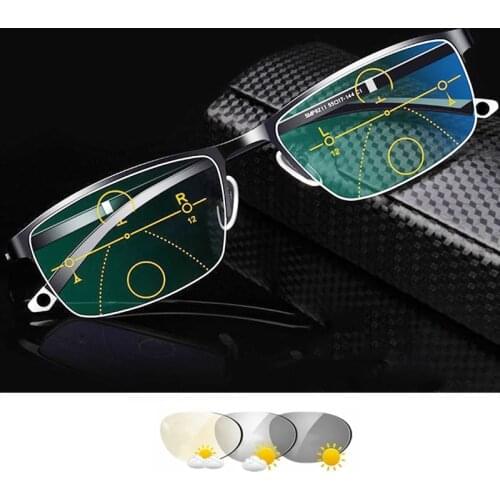 Progressive Multifocal Reading Glasses Photochromic Man Women Anti-blue Light Presbyopic Glasses See Near and Far Metal Frame