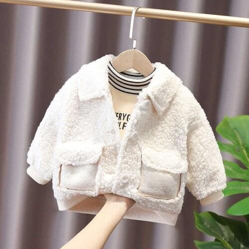 Fuzzy White Winter Spring Baby Girls Boys Coat 2021 Warm Thicken Jackets Plus Velvet Toddler Pocket Outwear Kids Children Cloth
