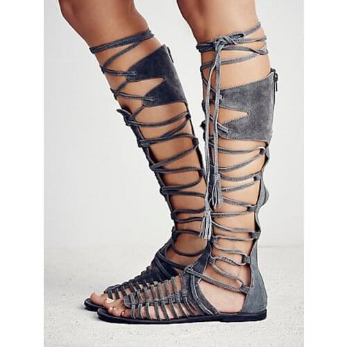 OLOMLB Knee High Sandals Flats Lace Up Tassels Strappy Gladiators Roman Shoes Retro Women 100% Real Leather Hollow Out Summer