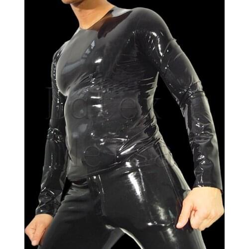 V-Neck design sexy black latex top long sleeve latex t-shirt in solid black color for men