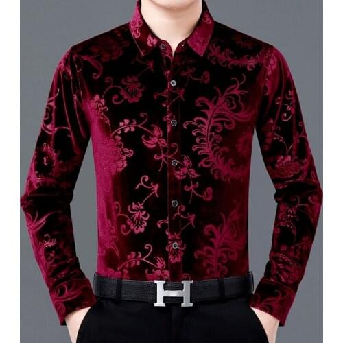 High Quality Man Velvet Clothes Autumn Male Floral Dresses Long Sleeve Pleuche Shirts