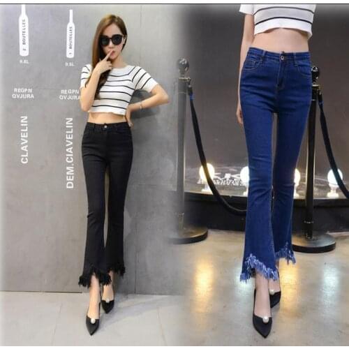 ZW245 Women Jeans Mid Waist Autumn 2018 Fashion Tassel Flare Pants Women Skinny Slim Jeans Trousers