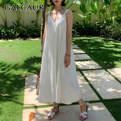 GALCAUR Dress Women Off Shoulder Sling V Neck Sleeveless Free Size Casual Loose Female Dresses 2020 Summer Fashion New Clothes