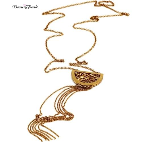 Banny Pink Ethnic Carved Hollow Birds Tassel Pendant Necklace For Women Vintage Geometric Moon Sweater Chain Necklace Colliers