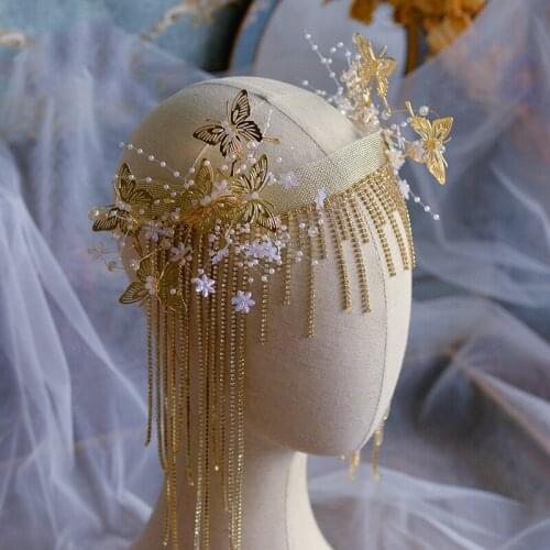 Retro Baroque Handmade Bride Headdress Golden Butterfly Tiara Hairband Party Prom Pageant Tassel Hair Accessories Hair Jewelry