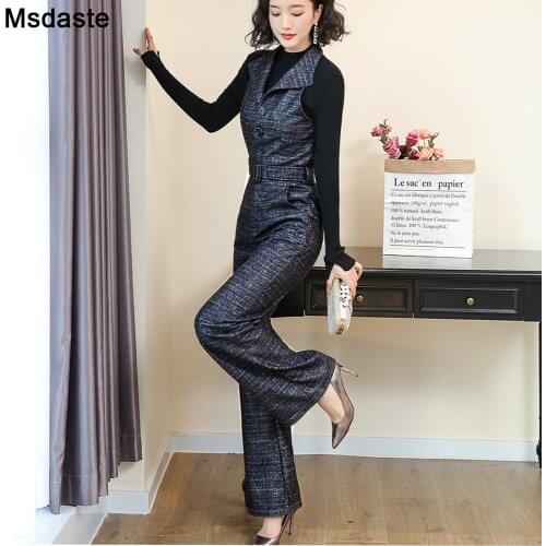 Women Jumpsuits Woolen Winter One Piece Jumpsuits Wide Leg Pants Lady Rompers Turn-down Neck Plaid Belted Loose Woman Overalls