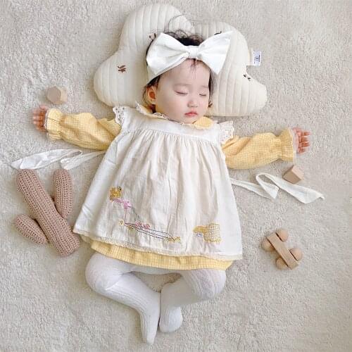 Girls embroidered suit 2021 spring baby doll collar lace flying sleeve dress 2-piece