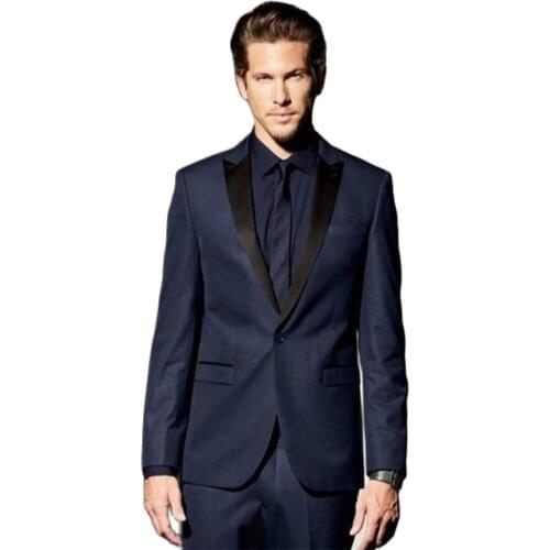 Navy Blue With Black Lapel One Button Groom Men Suit Tuxedos Groomsmen Mens Wedding Prom Suits Bridegroom (Jacket+Pants+Tie)