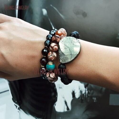 Beaded Bracelet Set Stone Stretch Bracelet Lava Stone Edgy Bracelet Hematite Pyrite Bracelet set of 3 SE18609