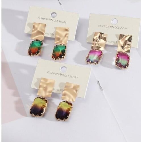 Square Rainbow Colorful Rimmed Glass Crystal Earrings Gold Color Elegant Stud Brincos Pendientes Fashion Brand Jewelry for Women