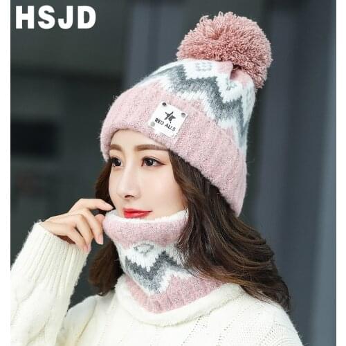 New Winter Hat for Women 2 Pieces Set Knitted Beanie Hat Girls Ladies Wool Scarf Caps Thick Warm Skullies Beanies Female Cap
