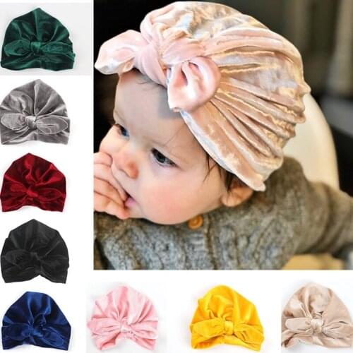 Baby Solid Gold Velet Hat Boys Girls Hat with Bow Candy Colors Kidds Turban Cap for Children Soft Beanie Infant Accessories