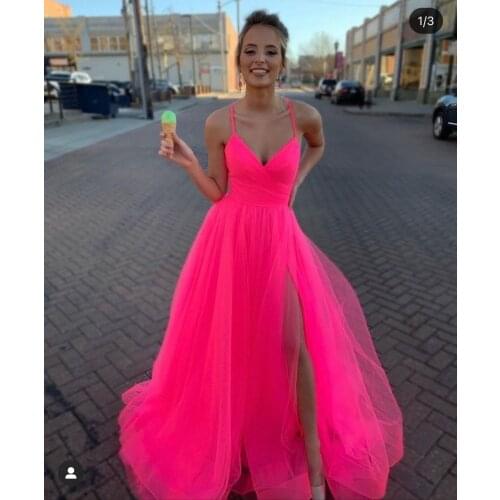 SuperKimJo Hot Pink Cheap Prom Dresses Long Vestido De Fiesta De Boda Tulle Spaghetti Strap Elegant Prom Gowns