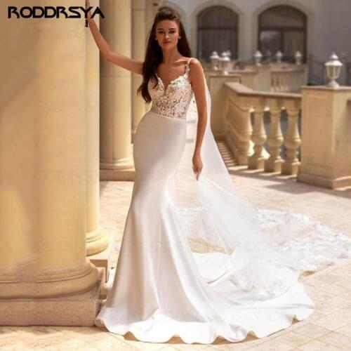 RODDRSYA Mermaid Wedding Dresses Long Detachable Train Spaghetti Straps Satin Lace Bridal Gowns Backless Formal Wedding Party