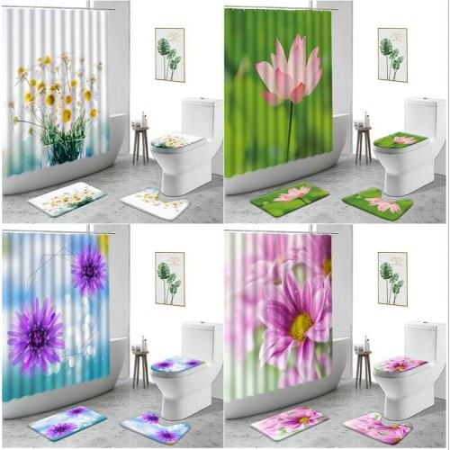 Spring Flowers Shower Curtain Pink Lotus White Daisy Bathroom Decoration Set Non-Slip Carpet Waterproof Bath Curtains With Hooks