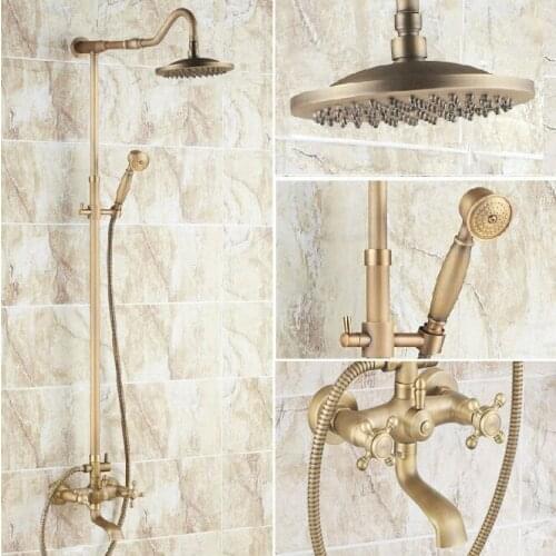 Vintage Retro Antique Brass Dual Cross Handles Bathroom 8 Inch Round Rain Shower Faucet Set Tub Mixer Tap Hand Shower mrs105