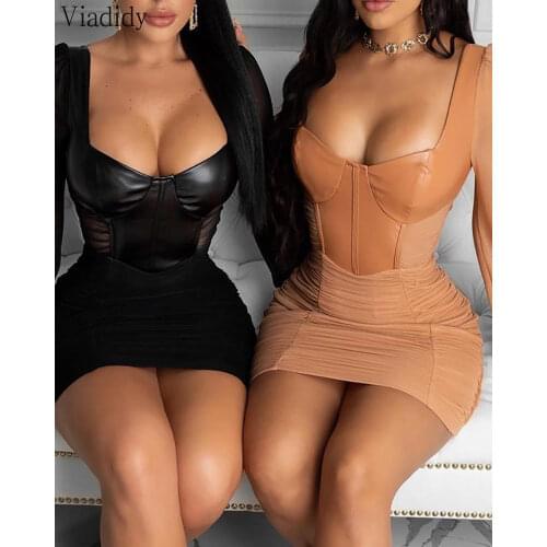Women Fashion Sexy Ruched PU Leather Mesh Patchwork Bodycon Dress Lantern Sleeve Square Neck Sexy Party Dress