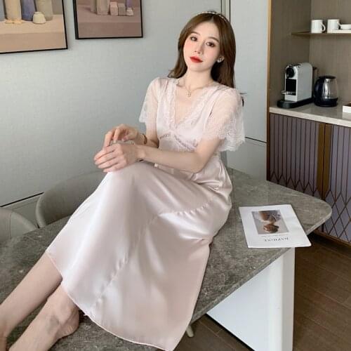 Womens Sexy Deep V-Neck Hollow Out Nightgown Summer New Silk Satin Nightdress Sweet Lace Trim Long Sleepwear Lounge Home Dress