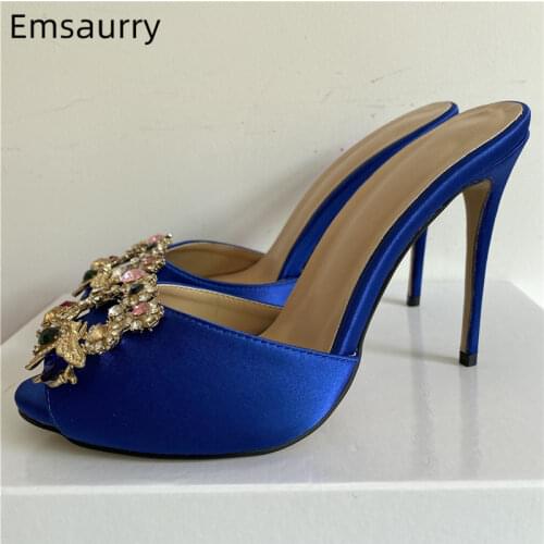 Metal Crystal Square Buckle Decor Shoes Woman 10cm Thin Heel Open Toe Luxury Satin High Heel Runway Sandals Women