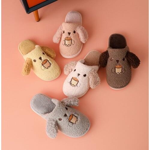 Women Indoor Milk Tea Slippers Warm Plush Home Dog Slipper Autumn Winter Shoes Woman House Flat Soft Slient Slides For Bedroom