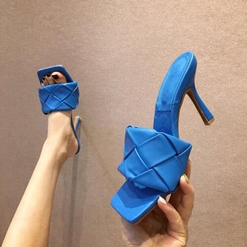 Big Size 41 New Fashion Square Toe Weave High Heels Shoes Women Slippers Leather Designer Ladies Beach Sandals Slides Shoes