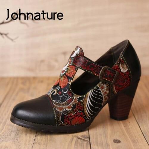 Johnature 2020 New Pumps Women Shoes Genuine Leather Embroidery Cloth Round Toe Casual Retro Buckle Strap Sewing Ladies Shoes