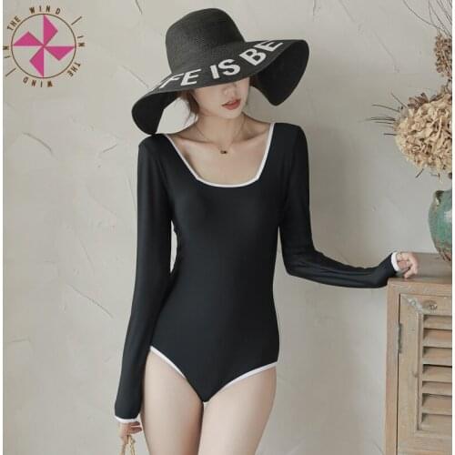 In The Wind Black Swimsuit Women Summer One-piece Swimwear Female Skirt Bathing Suit Padded Push Up Slimming Korean Swimdress