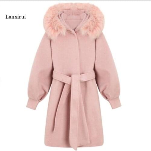 Female long cotton solid coat A-line V-neck pockets sashes full sleeve autumn and winter office lady