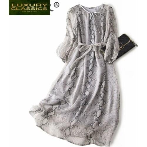 Summer Vintage Real Silk Dress Women Clothes 2021 Elegant Boho Snake Print Long Dresses Woman Party Dress Vestidos A0879